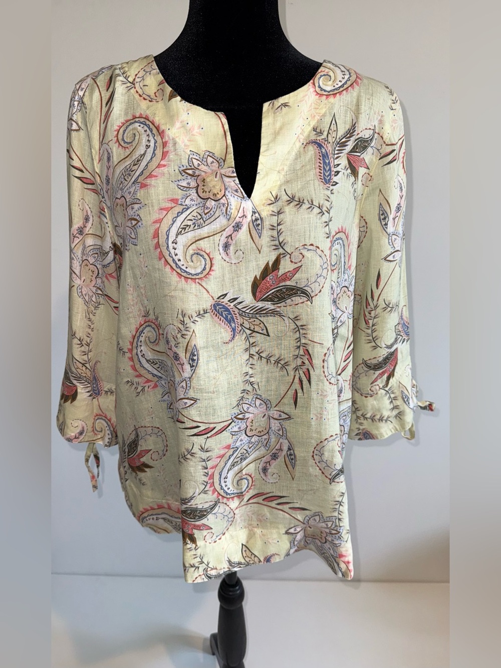 J.Jill Love Linen 100% Linen Paisley Tunic Blouse Small Tie Sleeve Boho